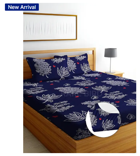 Vrapt 260 TC Polycotton Double Geometric Fitted (Elastic) Bedsheet  (Pack of 1, Blue)