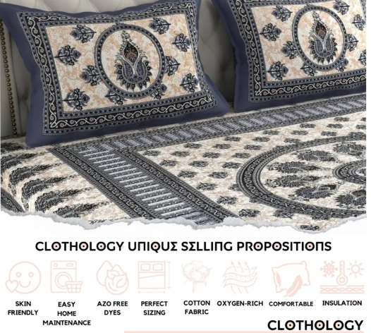 CLOTHOLOGY 144 TC Cotton Double Printed Flat Bedsheet  (Pack of 1, Brown, Grey)