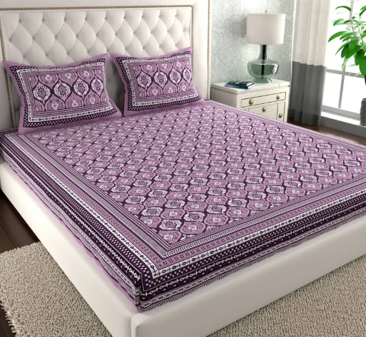 CLOTHOLOGY 144 TC Cotton Double Printed Flat Bedsheet  (Pack of 1, Purple, White)
