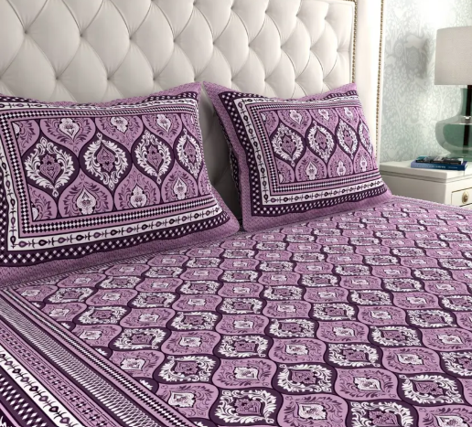 CLOTHOLOGY 144 TC Cotton Double Printed Flat Bedsheet  (Pack of 1, Purple, White)