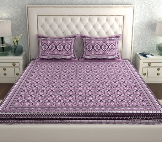 CLOTHOLOGY 144 TC Cotton Double Printed Flat Bedsheet  (Pack of 1, Purple, White)