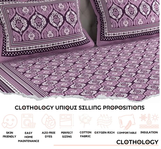 CLOTHOLOGY 144 TC Cotton Double Printed Flat Bedsheet  (Pack of 1, Purple, White)