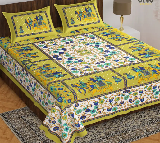 VNV Creation 144 TC Cotton Double Jaipuri Prints Flat Bedsheet  (Pack of 1, Green, White)
