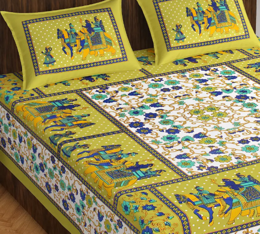 VNV Creation 144 TC Cotton Double Jaipuri Prints Flat Bedsheet  (Pack of 1, Green, White)