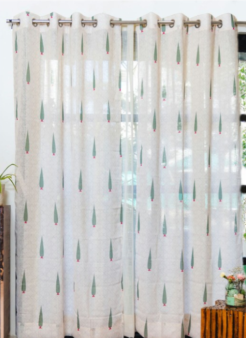 URBAN SPACE | White & Green Set of 2 Ethnic Motifs Sheer Window Curtain