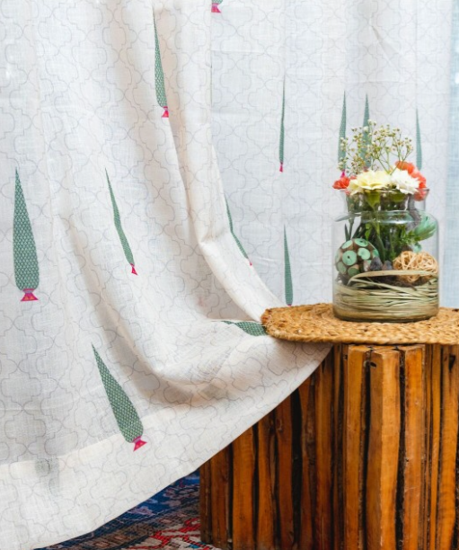 URBAN SPACE | White & Green Set of 2 Ethnic Motifs Sheer Window Curtain
