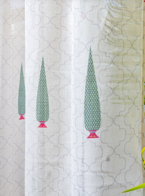 URBAN SPACE | White & Green Set of 2 Ethnic Motifs Sheer Window Curtain