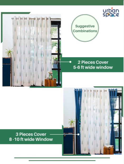 URBAN SPACE | White & Green Set of 2 Ethnic Motifs Sheer Window Curtain