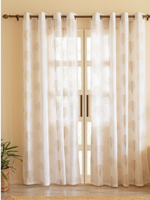 HOMEMONDE | Gold-Toned & White 2 Pieces Floral Printed Cotton Sheer Door Curtains