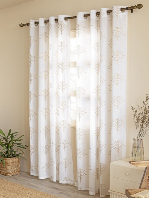 HOMEMONDE | Gold-Toned & White 2 Pieces Floral Printed Cotton Sheer Door Curtains