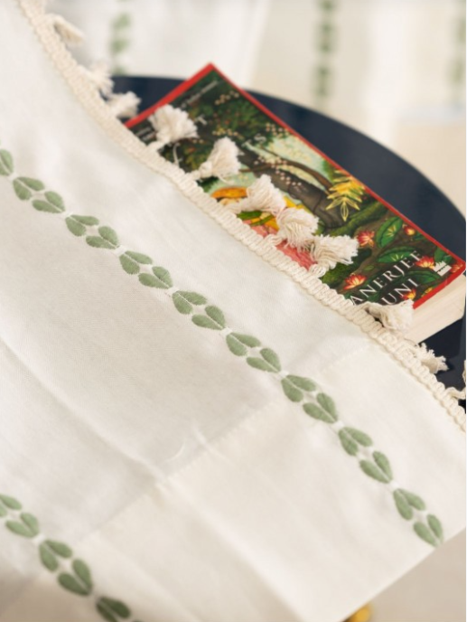 URBAN SPACE | White & Green Embroidered Door Curtain