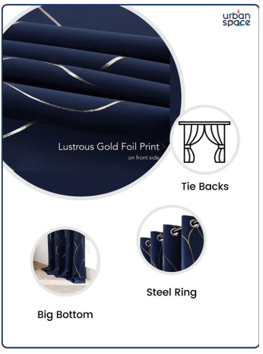 URBAN SPACE |  Navy Blue & Gold-Toned Black Out Door Curtain
