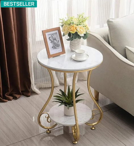 MODERN CRAFTHOUSE Modern Double Top Round Coffee Table | Side Table | Centertable | Beside Table Metal Bedside Table (Finish Color - Golden & White, Pre-assembled)
