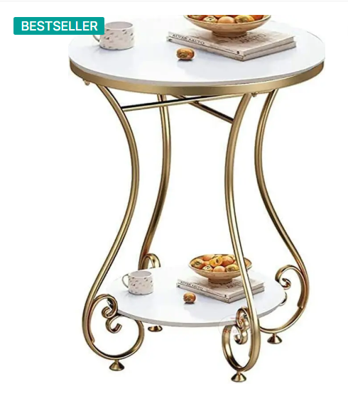 MODERN CRAFTHOUSE Modern Double Top Round Coffee Table | Side Table | Centertable | Beside Table Metal Bedside Table (Finish Color - Golden & White, Pre-assembled)
