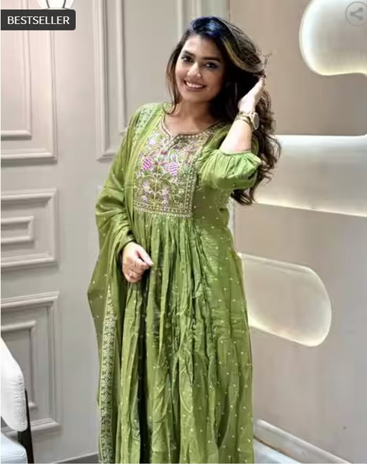 Women Embroidered Flared Kurta & Pants with Dupatta