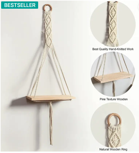 RAKANO Macrame Wall Shelf Pure Cotton Cord Pine Wooden Hanging Floating Shelves Pack of 2  (White)