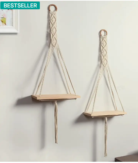 RAKANO Macrame Wall Shelf Pure Cotton Cord Pine Wooden Hanging Floating Shelves Pack of 2  (White)