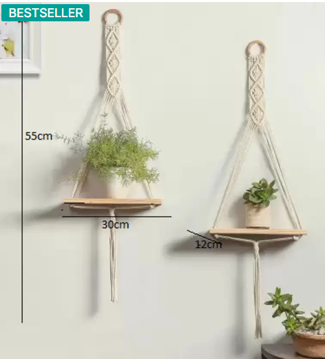 RAKANO Macrame Wall Shelf Pure Cotton Cord Pine Wooden Hanging Floating Shelves Pack of 2  (White)