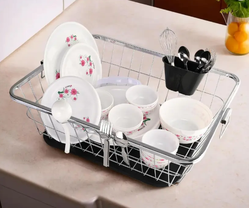 Quickmart Dish Drainer Kitchen Rack Plastic Steel Dish Rack With Handle & Draining Tray Included | 17x22 Inch