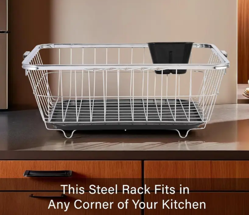 Quickmart Dish Drainer Kitchen Rack Plastic Steel Dish Rack With Handle & Draining Tray Included | 17x22 Inch