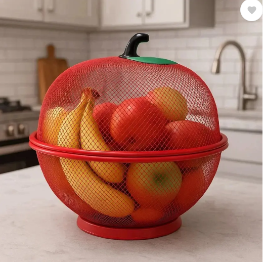 VEWIKZY Fruit Basket with Lid Net Cover Steel Big Size for Dinning Kitchen Iron Fruit & Vegetable Basket  (Red)