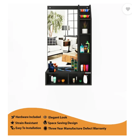 ERAWUD Wall Hanging Mirror With Open Shelf Storage For Bedroom Engineered Wood Dressing Table  (Finish Color - , Black, DIY(Do-It-Yourself))