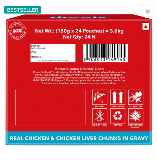 Drools Chunks in gravy for Adult - Chicken Liver and Real Chicken 3.6 kg (24x0.15 kg) Wet Adult Dog Food
