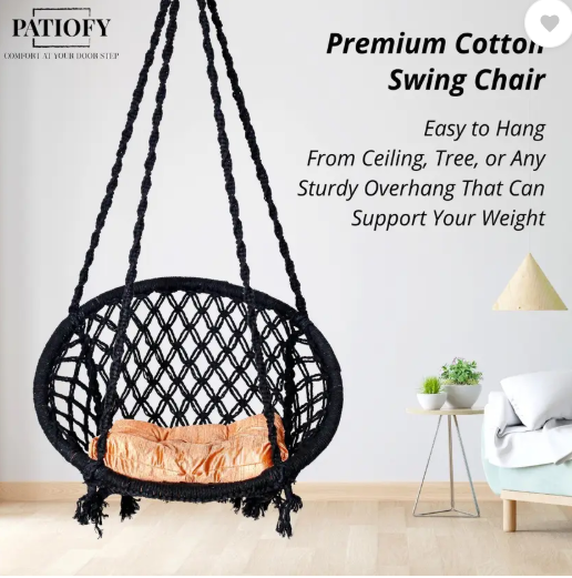 Patiofy Wooden Swing Chair/ Jhula Indoor/ Swing for Home/Swing for Adults Outdoor Wooden Cotton Large Swing (Black, DIY(Do-It-Yourself))