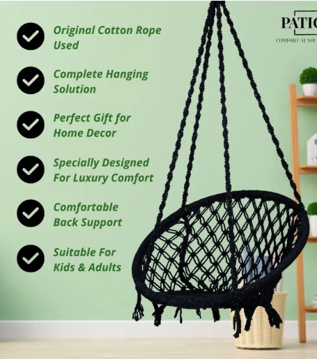 Patiofy Wooden Swing Chair/ Jhula Indoor/ Swing for Home/Swing for Adults Outdoor Wooden Cotton Large Swing (Black, DIY(Do-It-Yourself))