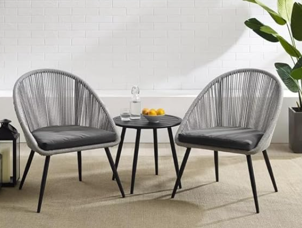 OUTAREA 3-Piece Outdoor Patio Bistro Set with Handwoven All Weather Waterproof Rope Chairs & Coffee Table for Garden|| Pool|| Balcony|| Lawn (Grey & Black)