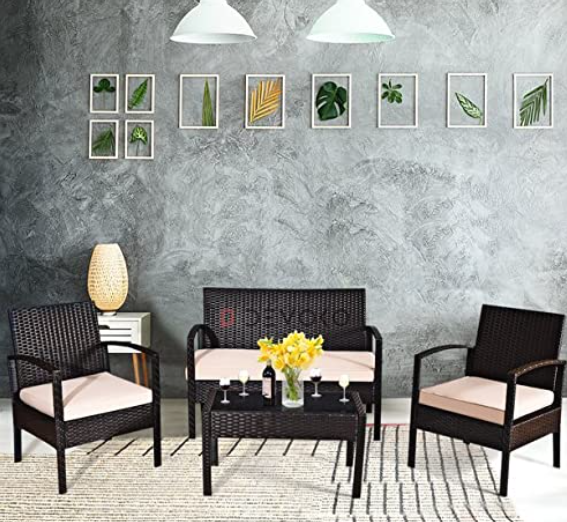 DEVOKO 4 Pieces Patio Furniture Set, Outdoor Sectional Sofa Rattan Wicker Conversation Set with Soft Cushion and Glass Center Table for Outside Porch, Lawn, Garden, Backyard (Dark Brown and Cream)