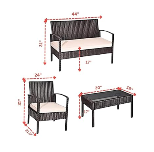 DEVOKO 4 Pieces Patio Furniture Set, Outdoor Sectional Sofa Rattan Wicker Conversation Set with Soft Cushion and Glass Center Table for Outside Porch, Lawn, Garden, Backyard (Dark Brown and Cream)