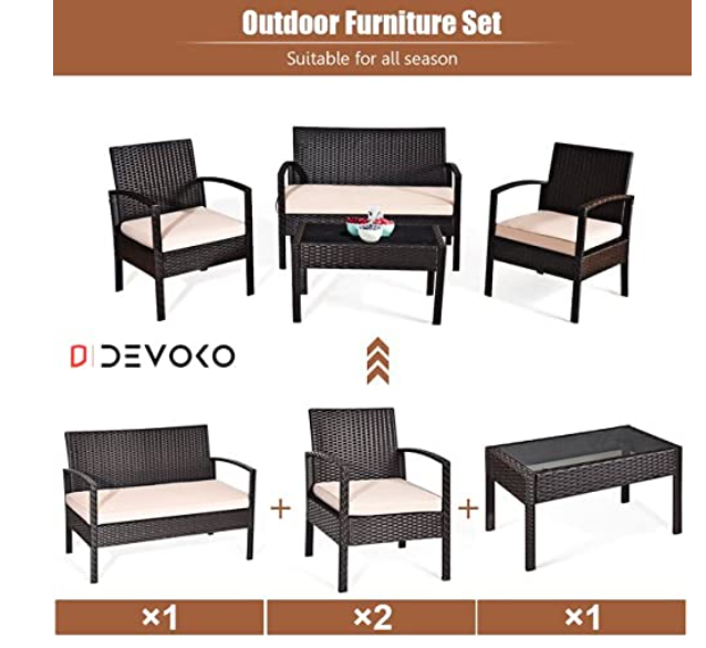 DEVOKO 4 Pieces Patio Furniture Set, Outdoor Sectional Sofa Rattan Wicker Conversation Set with Soft Cushion and Glass Center Table for Outside Porch, Lawn, Garden, Backyard (Dark Brown and Cream)