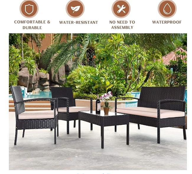 DEVOKO 4 Pieces Patio Furniture Set, Outdoor Sectional Sofa Rattan Wicker Conversation Set with Soft Cushion and Glass Center Table for Outside Porch, Lawn, Garden, Backyard (Dark Brown and Cream)