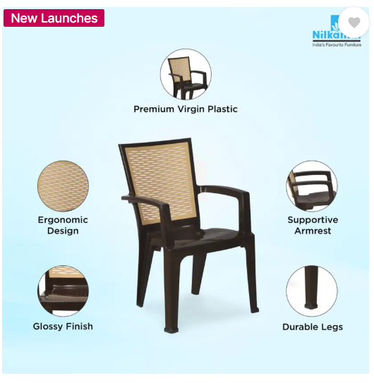 Nilkamal Mid Back Chair with Arm CHR2226 Home,Office, Garden,Restaurants,Indoor, Outdoor Plastic Cafeteria Chair (Brown, Set of 2, Pre-assembled)