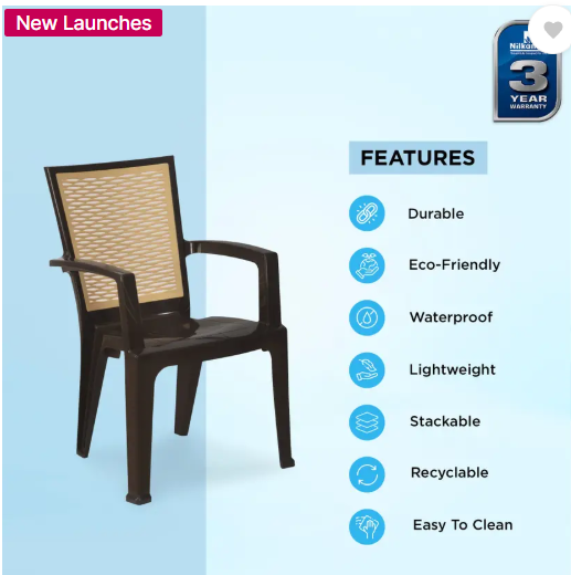 Nilkamal Mid Back Chair with Arm CHR2226 Home,Office, Garden,Restaurants,Indoor, Outdoor Plastic Cafeteria Chair (Brown, Set of 2, Pre-assembled)
