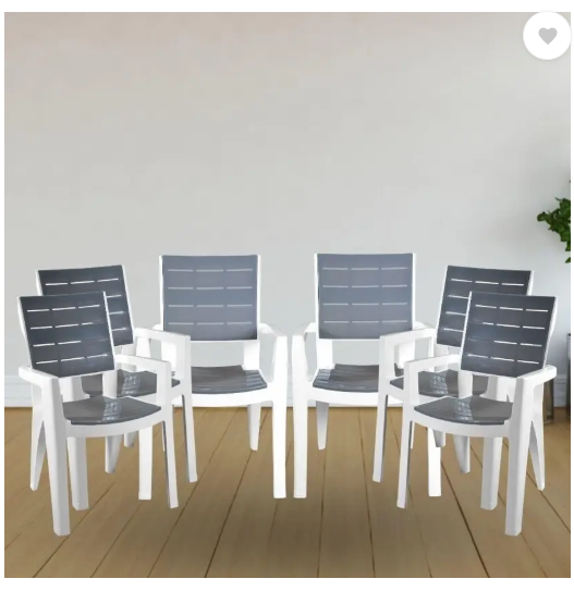 ITALICA Designer Series Comfortable Plastic Arm Chair/Double Insert Stackable Chair/ Plastic Outdoor Chair (White & Grey, Set of 6, Pre-assembled)