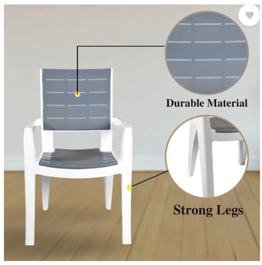 ITALICA Designer Series Comfortable Plastic Arm Chair/Double Insert Stackable Chair/ Plastic Outdoor Chair (White & Grey, Set of 6, Pre-assembled)