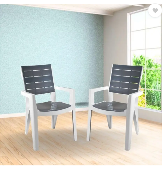 ITALICA Designer Series Comfortable Plastic Arm Chair/Double Insert Stackable Chair/ Plastic Outdoor Chair (White & Grey, Set of 6, Pre-assembled)