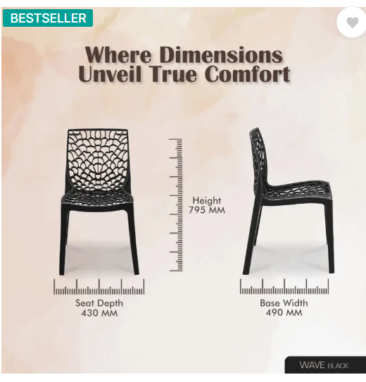 MAHARAJA Wave Stylish Heavy Duty | Stackable | Armless | for Garden and cafeteria Plastic Cafeteria Chair (Black, Set of 4, Pre-assembled)