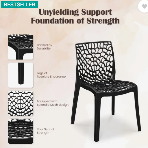 MAHARAJA Wave Stylish Heavy Duty | Stackable | Armless | for Garden and cafeteria Plastic Cafeteria Chair (Black, Set of 4, Pre-assembled)