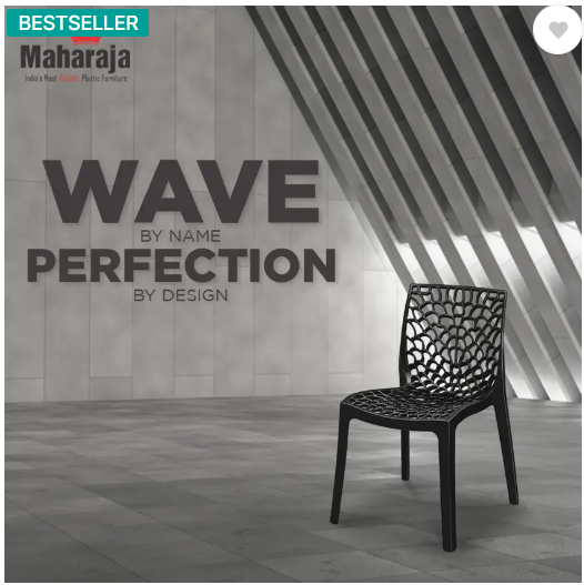 MAHARAJA Wave Stylish Heavy Duty | Stackable | Armless | for Garden and cafeteria Plastic Cafeteria Chair (Black, Set of 4, Pre-assembled)