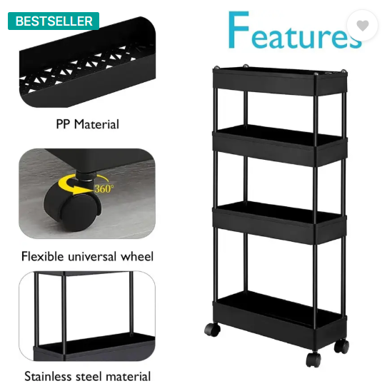 ADA Slim 4-Layer Rolling Storage Rack with Wheels Kitchen Storage Organizer Trolley Plastic Kitchen Trolley  (DIY(Do-It-Yourself))
