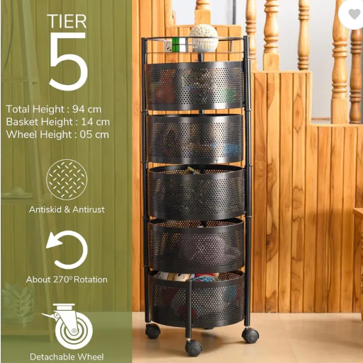 Angelware 5 Layer Kitchen Trolley Storage Rack Round Design Fruits & Vegetable Basket Iron Kitchen Trolley  (Pre-assembled)