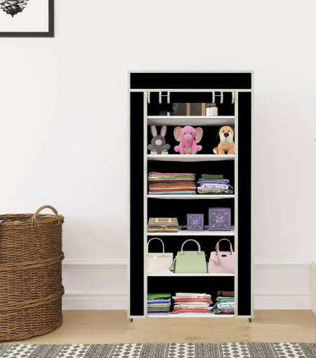 HUENISH 6 Layer Wardrobe with Plastic Frame and Non Woven Fabric Cover PP Collapsible Wardrobe  (Finish Color - Black, DIY(Do-It-Yourself))