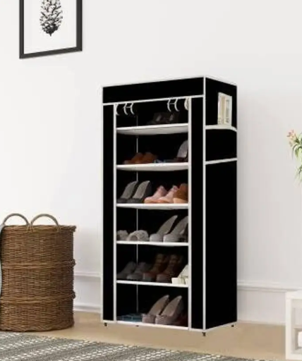 HUENISH 6 Layer Wardrobe with Plastic Frame and Non Woven Fabric Cover PP Collapsible Wardrobe  (Finish Color - Black, DIY(Do-It-Yourself))