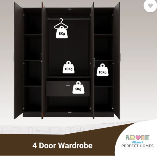 Flipkart Perfect Homes Julian Engineered Wood 4 Door Wardrobe (Finish Color - Wenge, Mirror Included, Knock Down)