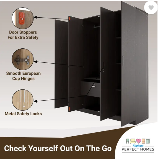 Flipkart Perfect Homes Julian Engineered Wood 4 Door Wardrobe (Finish Color - Wenge, Mirror Included, Knock Down)
