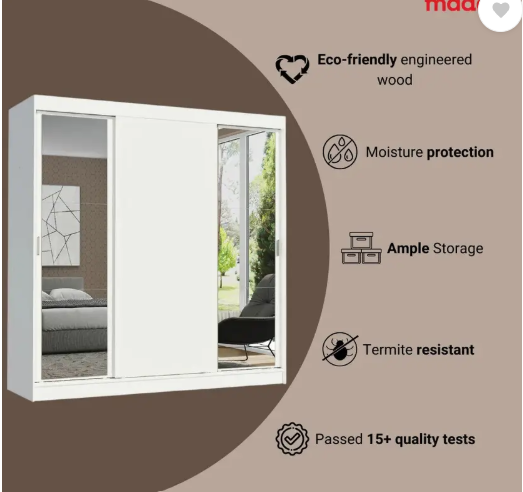 Madesa Reno Couple Wardrobe Engineered Wood 3 Door Wardrobe (Finish Color - White, Mirror Included, Knock Down)