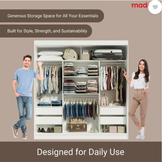 Madesa Reno Couple Wardrobe Engineered Wood 3 Door Wardrobe (Finish Color - White, Mirror Included, Knock Down)